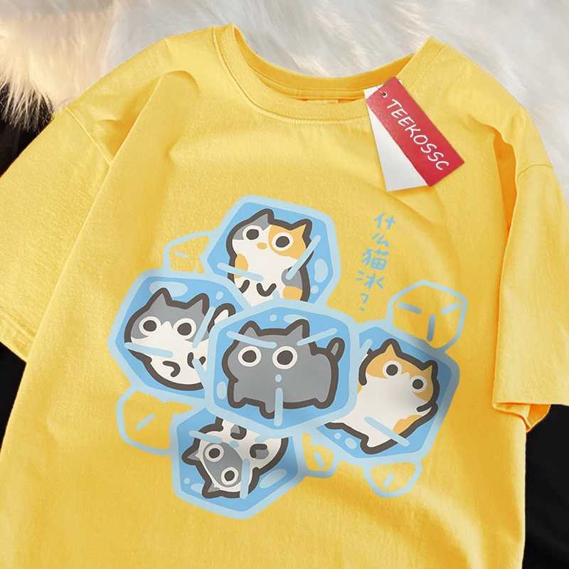 Ice Cat Fun Cartoons Cats Print Clothes Men Women Oversize Breathable T Shirt Summer Comfortable Casual T-Shirt Cotton Tee Shirt M260317