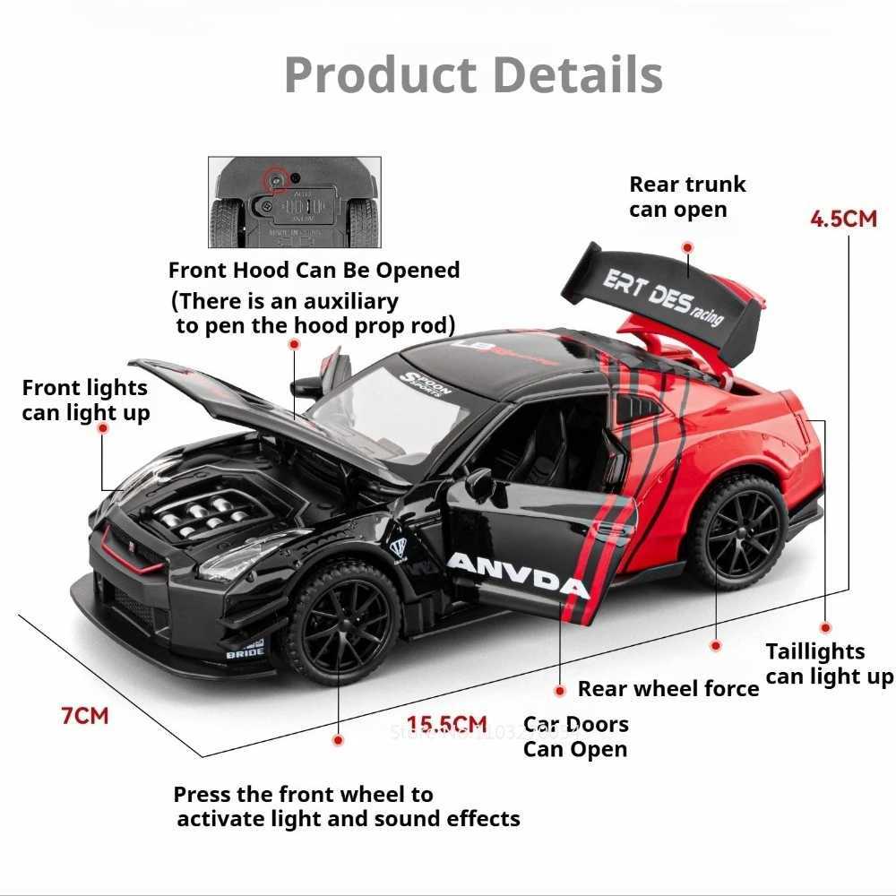 132 Scale GTR R50 Miniature Sports Car Alloy Diecast Model Toys Doors Opened with Sound Light Pull Back Vehices Childrens Gift D260317