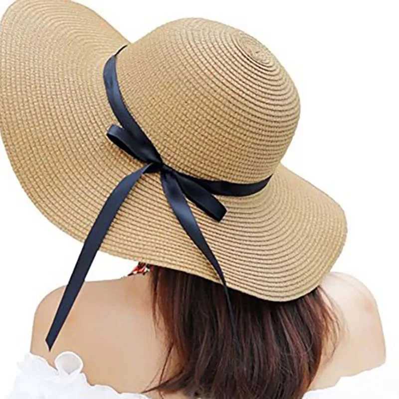 Panama Simple Summer Beach Hat Casual Women Flat Brim Bowknot Straw Cap Girls Floppy Sun Block UV Protection Hat Outdoor Travel H260317 - view 6
