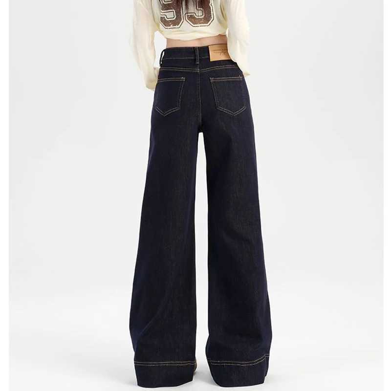 Women Dark Blue High Waist Jeans Pants Hot Sale s Straight Leg Denim Trousers Female Retro Solid Bell Bottom Pants M260317