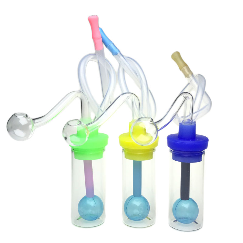 Goodsstore 3.5 Inch DIY Silencer Glass Oil Burner Bong Smoking Pipes with 2 Head Silicone Cap Tube Month