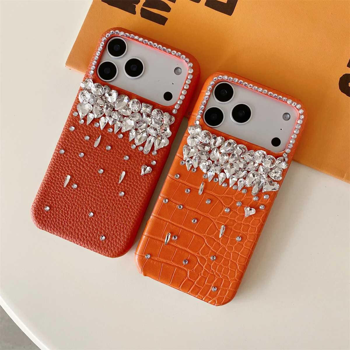 Orange Leather Glitter Diamond Phone Case for IPhone Air 17 16 Plus 12 13 14 15 Pro Max Luxury Bling Rhinestone Protective Cover C260314