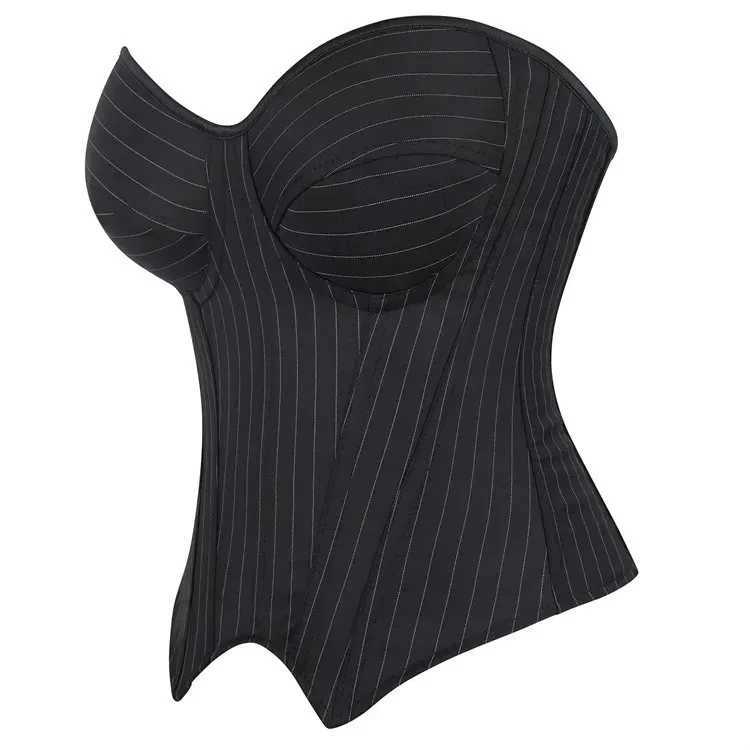 Black Striped Zipper Overbust Corset and Bustier Shapewear Top for Women Office Lady Corselet H260316