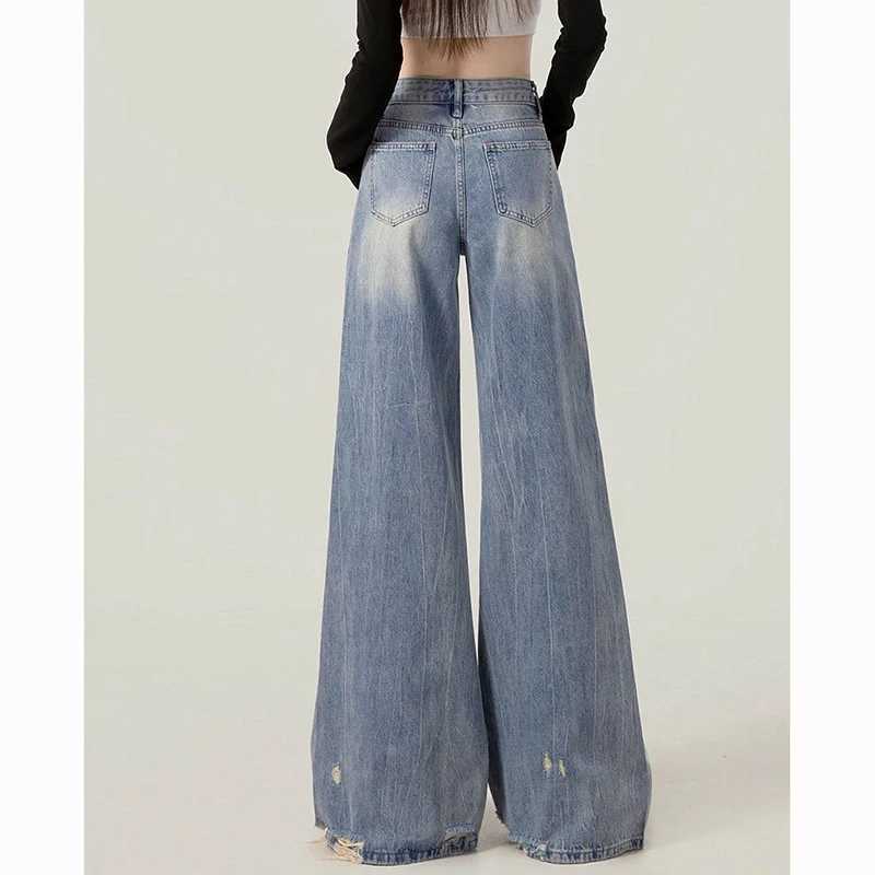 s Korean High Waist Loose Fit Jeans Women New Fashion Straight Leg Denim Trousers Lady Vintage Ripped Blue Thin Pants M260317