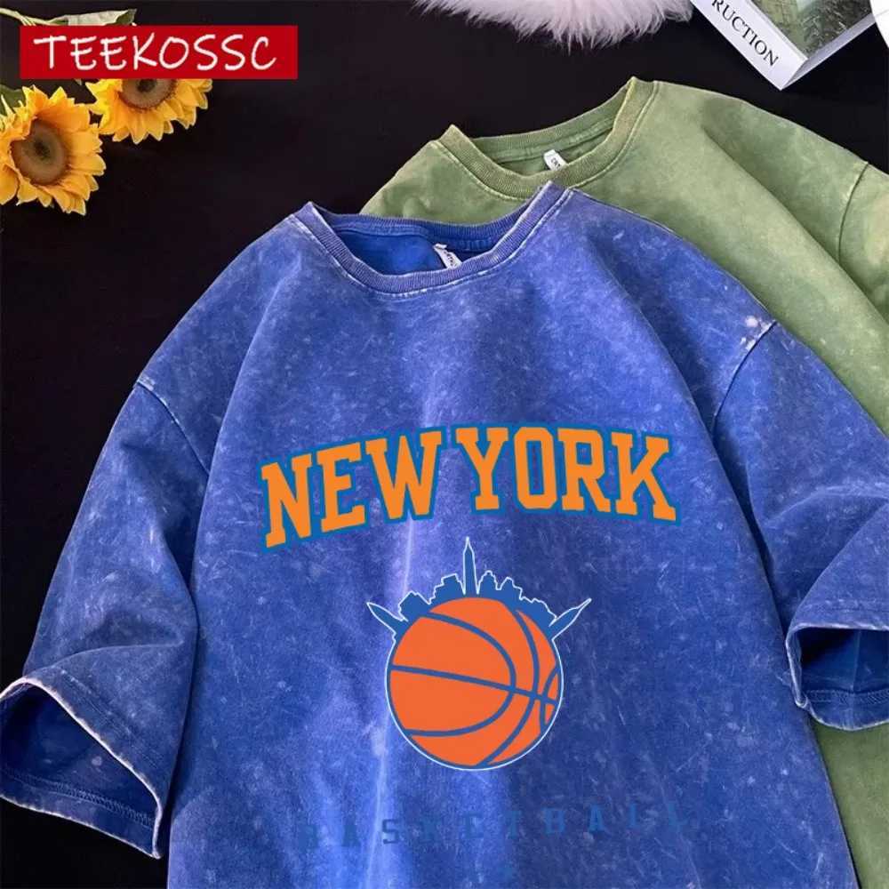New York Basketball Printed Washed Men T-Shirt Summer Casual Fashion T-Shirts Sport Cotton Streetwear Breathable Short Sleeve M260317