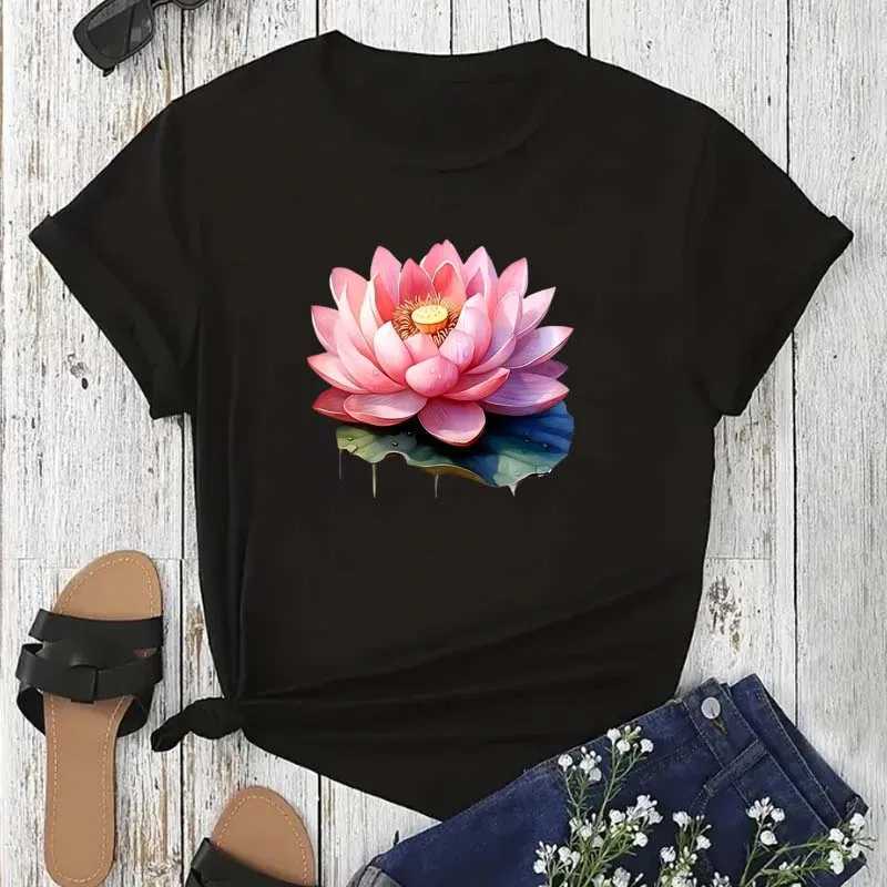 Trendy Lotus Flower Print Women T-shirt Streetwear Short Sleeves Tee Tops Summer Cute Woman Clothes Tops M260317