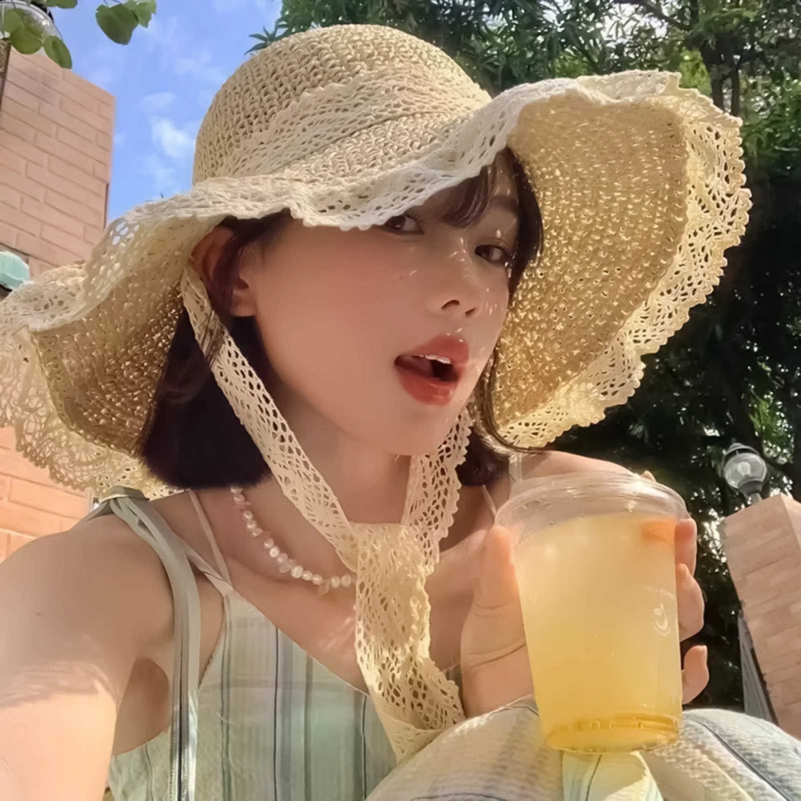 Women Summer Hat Lace Trimmed Tie-up Openwork Straw Hat Wide Brim For Sun Protections Beach Fashion Foldable Summer Accessory H260317 - view 3