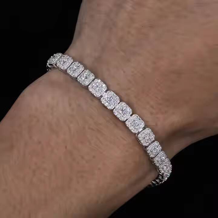 Sparkling Moissanite Halo Tennis Bracelet High Quality White Gold Non Fade 925 Sterling Silver Hip Hop Jewelry for Men Woman