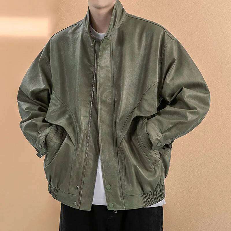 Baseball Collar Black Autumn Men Green Man Trendy Casual Pu Jacket Male Loose Motorcycle Faux Leather Coat