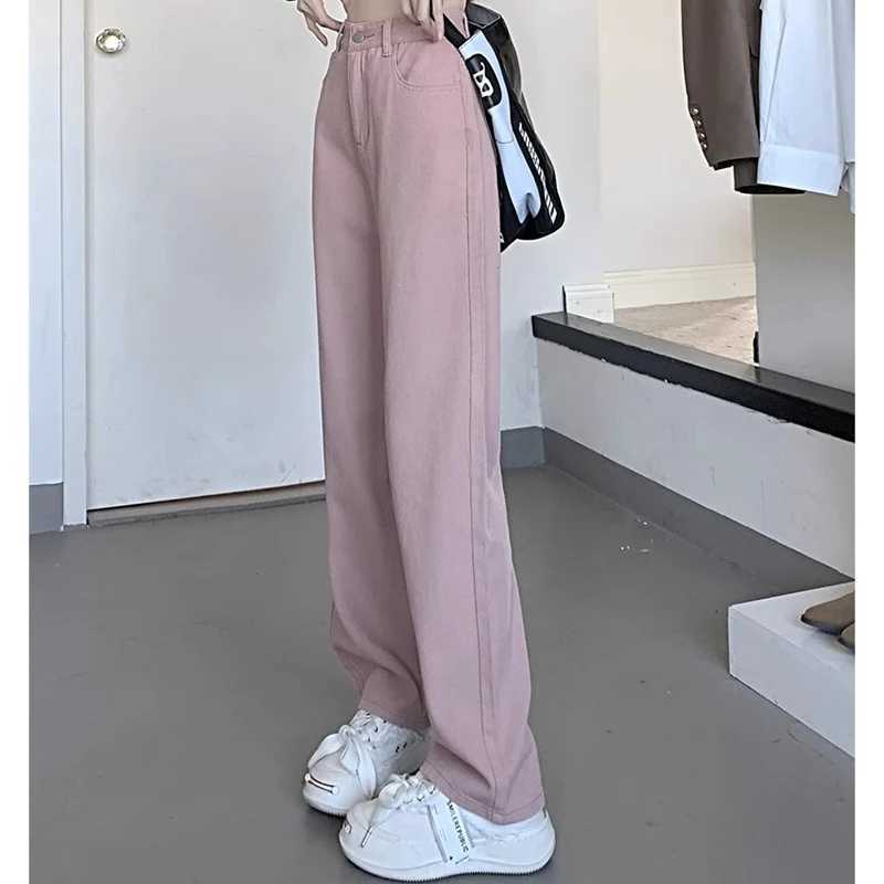 Woman Vintage Wide Leg Jeans s High Waist Pants Female Fashion Black Grey Retro Blue Light Blue Pink Denim Trousers M260317