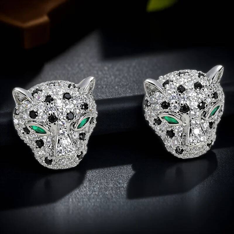 Leopard Domineering Head Stud Earrings For Women Men Gold Silver Color Rose Red White Zircon Hiphop Bar Big Ear & Studs Jewelry
