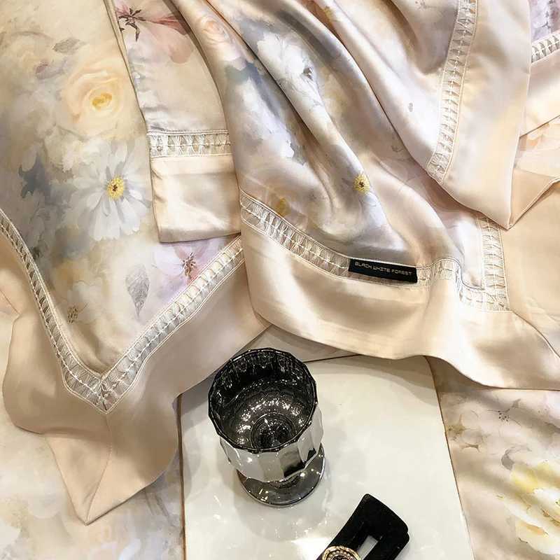 800TC Lyocell Bamboo Fiber Soft Silky Cooling Bedding Set Flower Prints Duvet Cover Set Bed Sheet/Fitted Sheet Pillowcases 4Pcs D260317