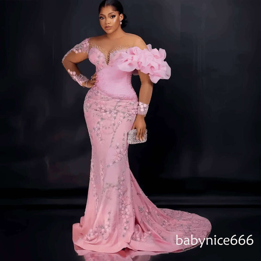 Pink Mermaid Evening Flower Embroidery Long Sleeve Ball Party Luxury Women's Birthday Dress Customization