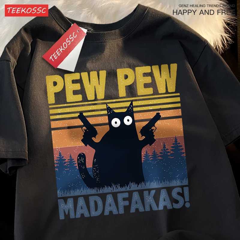 Pew Madafakas Double Gun Cat Short Sleeve Oversized Breathable T Shirts Cotton Summer Clothing Street Casual Tshirt Men M260317