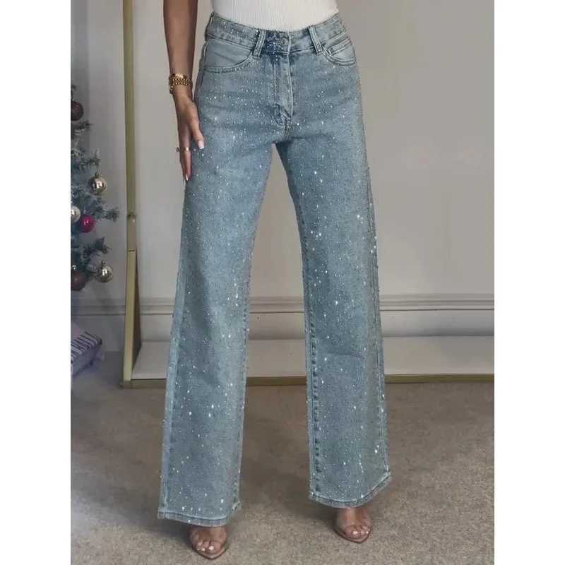 2025 Women Jeans Straight Diamonds Pants Stretch High Waist Washed Mom Jeans Y2k Streetwear Trousers Vintage Denims StreetwearT260317