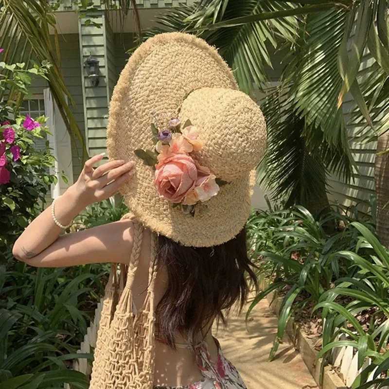 Flower rose decoration raffia straw hat for women summer large brim sun hat seaside atmosphere elegant wedding hat H260317 - view 3