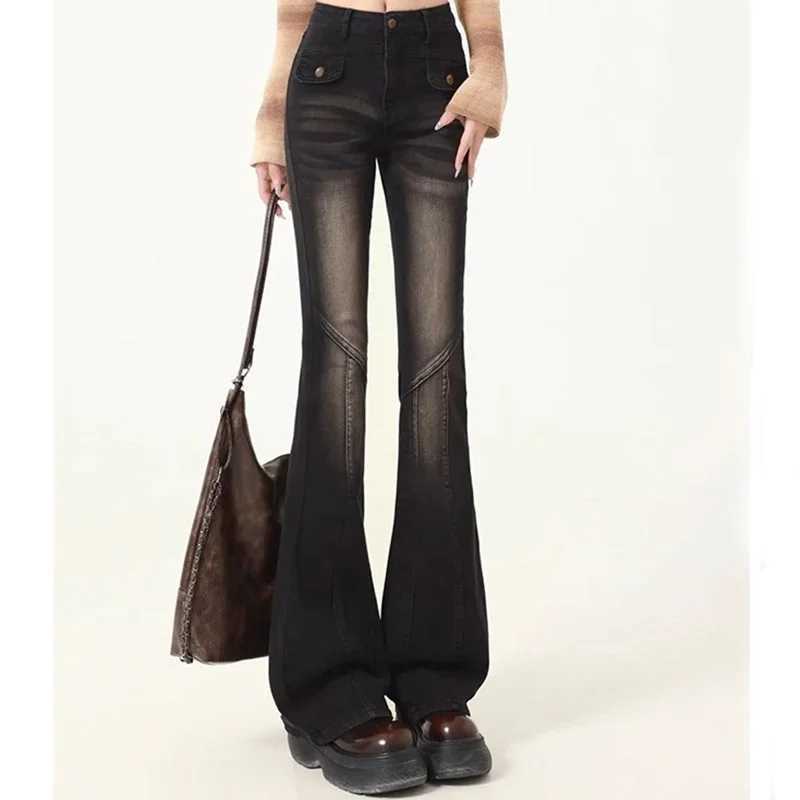 Woman High Waist Elastic Spliced Wide Leg Jeans Female Vintage Slim Fit Flare Pants Lady Blue Black Grey Denim Trousers Big Size M260317