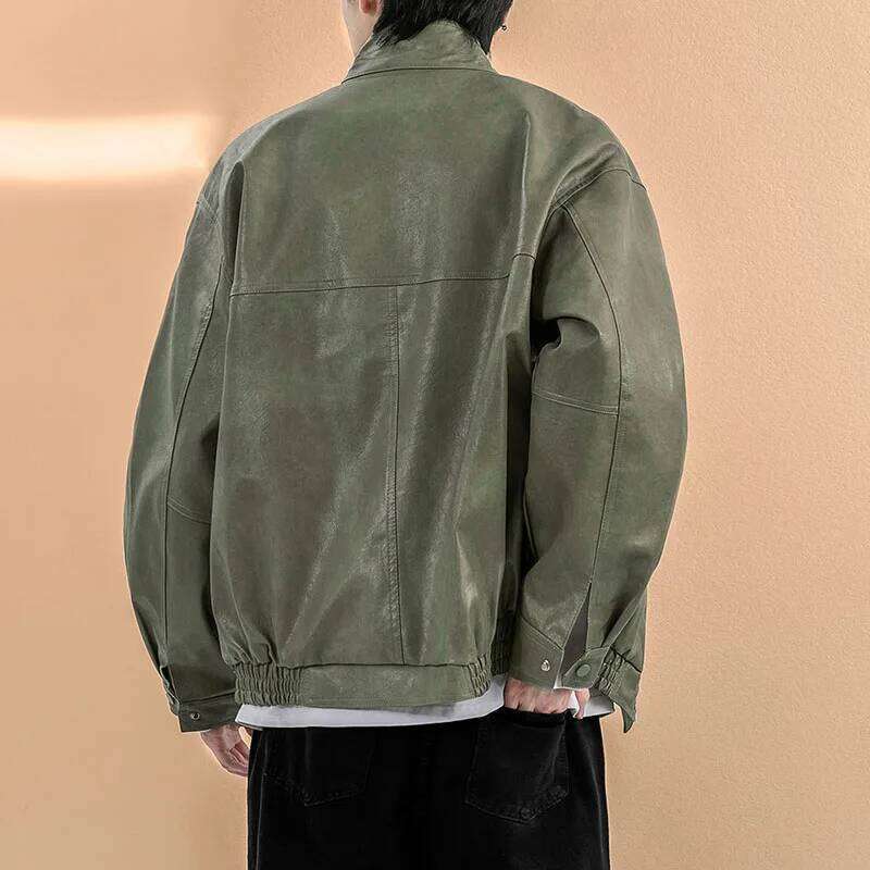 Baseball Collar Black Autumn Men Green Man Trendy Casual Pu Jacket Male Loose Motorcycle Faux Leather Coat