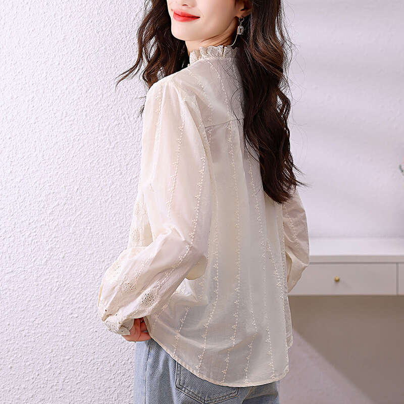Women's Shirt 2026 Spring New Style Lace Trim Ruffle Collar Apricot Top Long Sleeve Embroidered Floral Pure Cotton Blouse
