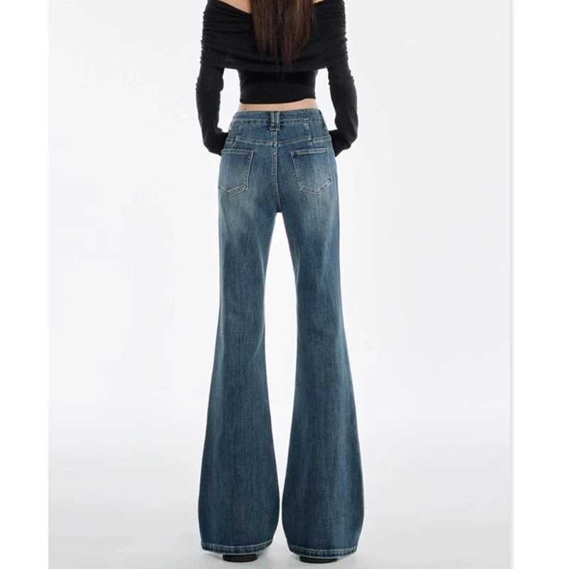 2025 Women Retro Blue Flared Jeans Hot Sale Lady High Waist Casual Denim Trousers s Classic Korean Straight Leg Pants M260317