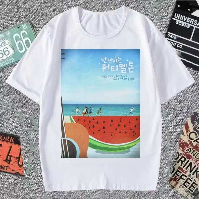 Korean Style Simple Watermelon Sugar Choi Hyun Wook Hip Hop Kpop Raper Twinkling Shiny Short Sleeve T-shirts Unisex M260317