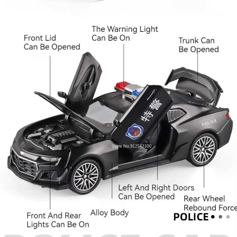132 Scale Camaro Alloy Diecast Model Sports Car Toy Sound Light Doors Opened Police Vehicles Toys for Child Birthday Gifts D260317