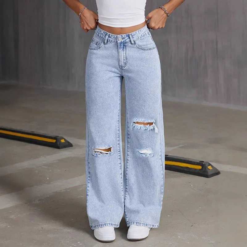 2025 New Loose Light Blue Washed Wide Leg Denim Pants Solid Color Pants Women JeansT260317