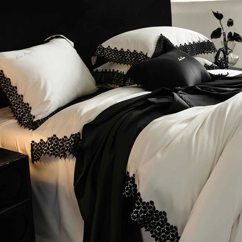 Black Lace Edge Embroidery Bedding Set 1000TC Lyocell Cotton Soft Silky Duvet Cover Set Bed Sheet/Fitted Sheet Pillowcases 4Pcs D260317