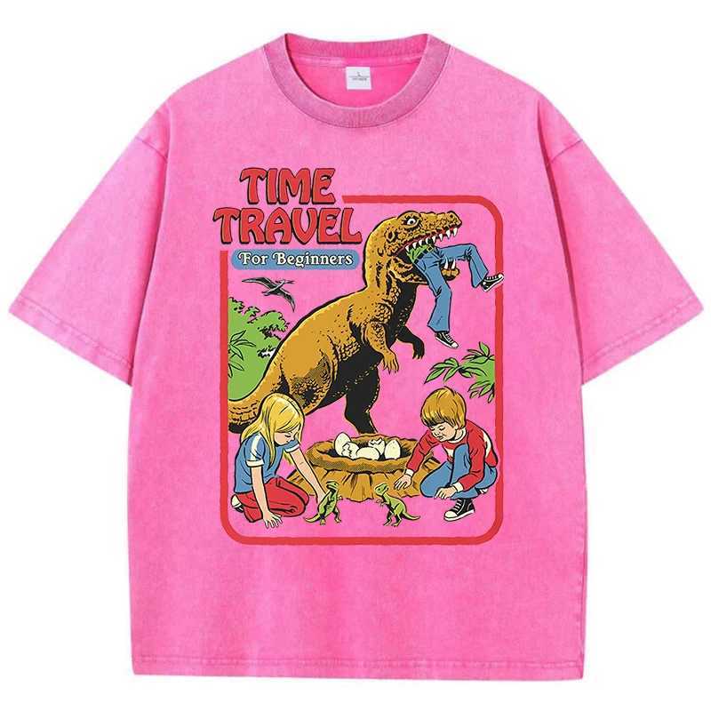 Stealing Dinosaur Baby Caught Washed Retro Men Tshirts Cotton Casual Short Sleeve Fashion Breathable Loose Oversized T-Shirt M260317