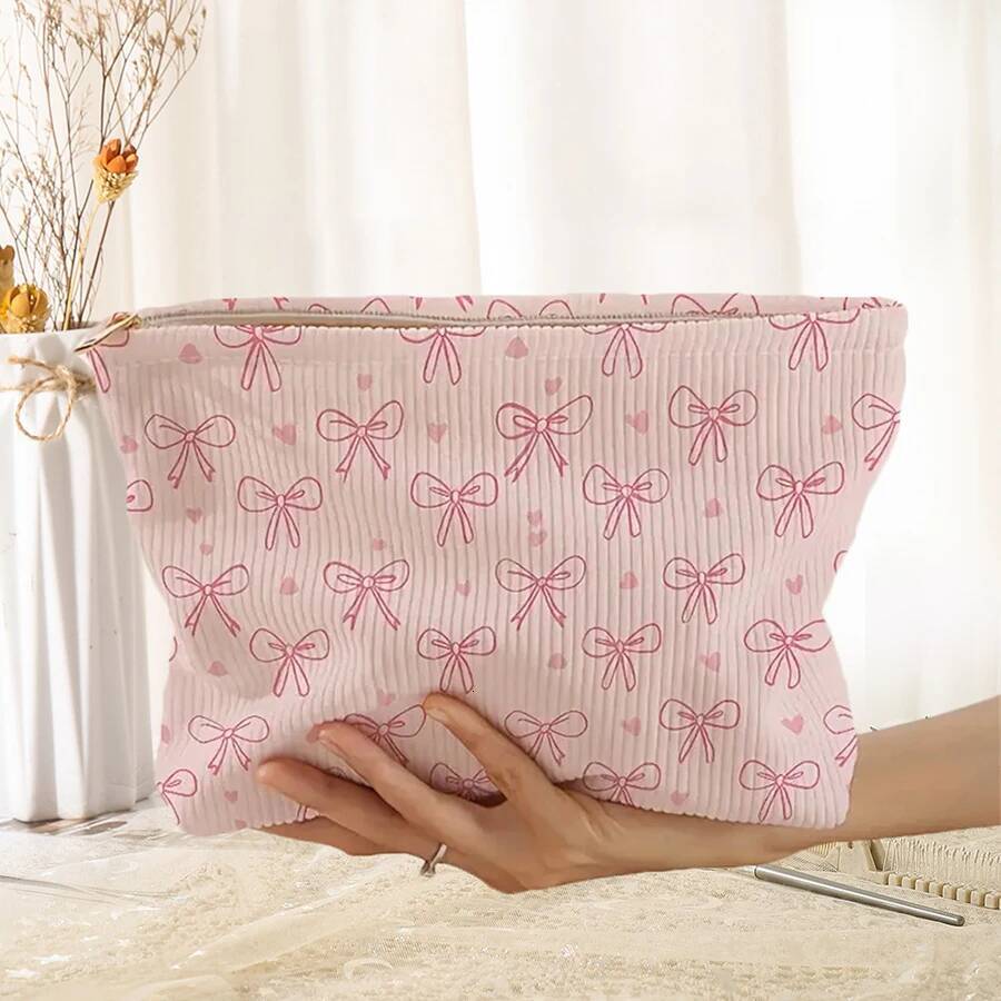 & Designed Minimally Pink Bow Pattern Printed Corduroy Zipper Makeup Bag Lightweight And Multifunctional Cosmetic Storage Bag