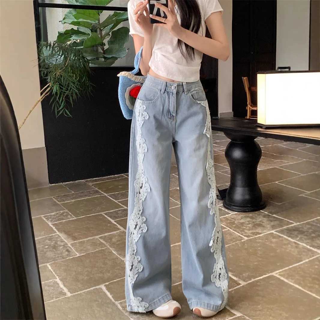 High Waist Wide Leg Jeans Womens Faion Lace Patchwork Straight Cut Denim Pants Retro Sle Four Seasons Pure ColorT260317
