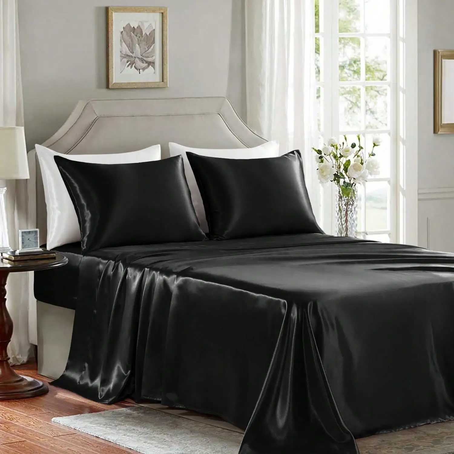 3/4Pcs Satin Sheet Se Silky Luxury Bed Set Soft Deep Pocket Sheets Cooling Bed Set 1 Fitted Sheet1 Flat Sheet1/2Pillowcase D260317
