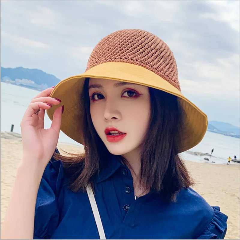 COKK Summer Hats For Women Knitted Breathable Foldable Sun Hat With Bow Sun Protection Sunshade Korean Beach Hat Cap Travel New H260317 - view 3