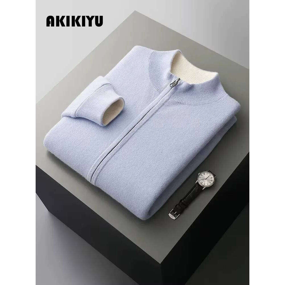 New Luxury Men Zipper Cardigan Cashmere Sweater Autumn Winter Thick Smart Casual 100% Merino Wool Knitwear Double Sided Wearable AKIKIYU