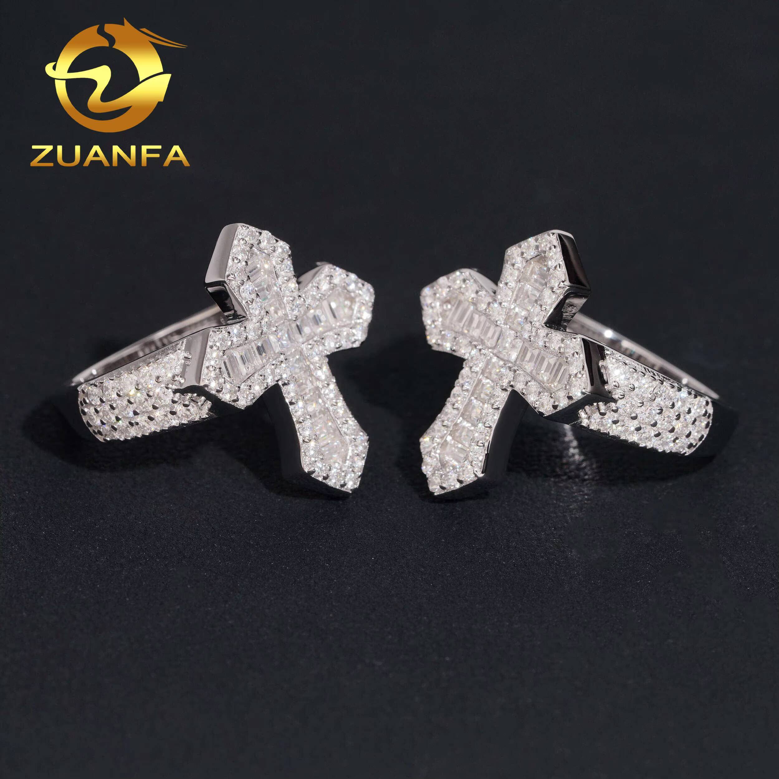 Affordable Fine Jewelry Ready to Ship GRA 925 Solid Silver Baguette Moissanite Ring Iced Out Ring Men Diamond Ring Cross Ring