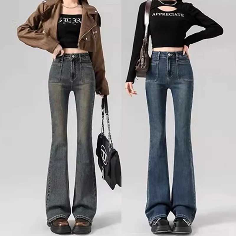 Spring Woman High Waist Vintage Flare Jeans s Korean Y2k 2000s Bell Bottom Pants Female Streetwear Gray Blue Denim Trousers M260317