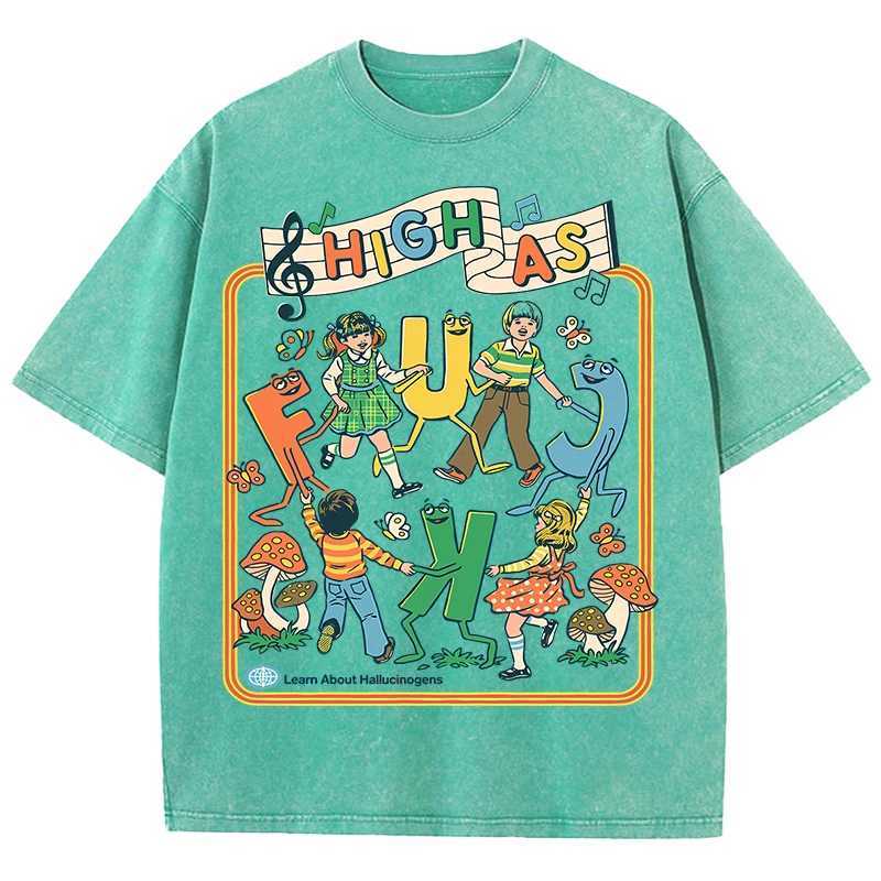 Happy Playing Children Pattern Retro T-Shirt Men Summer Soft Clothing Trendy Crewneck Washed Tops Oversize Cotton Streetwear M260317