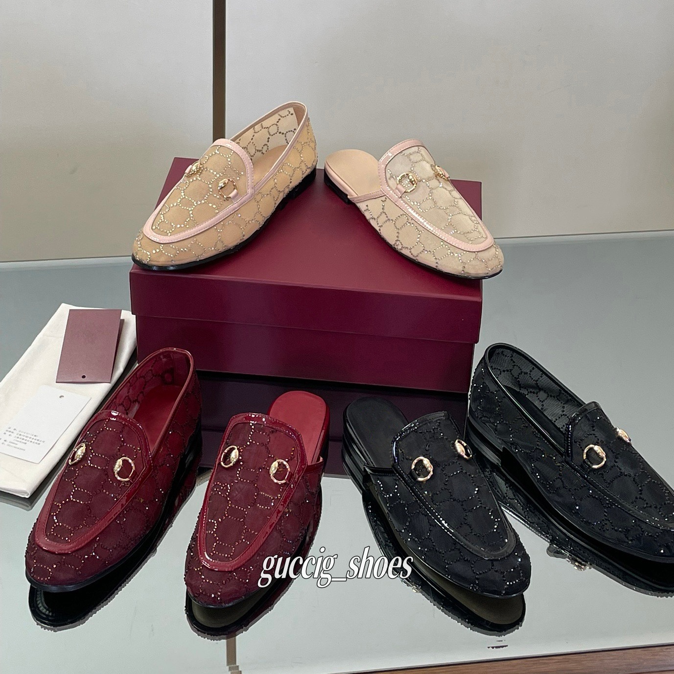 Designer loafers mules Slippers Women's Casual shoes New Transparent Mesh Breathable Water Diamond Half Slippers Genuine Leather Flat Fisherman's Shoes size 35-43 4c
