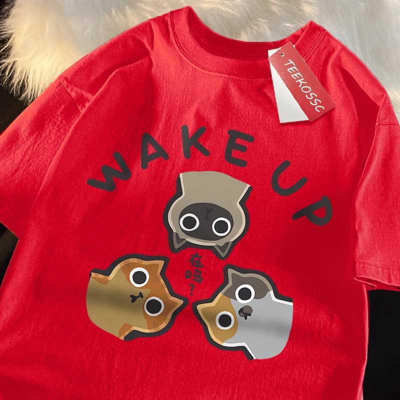 Wake Up 3 Onlookers Of Cats Japanese Style Menswear Cotton Tee Clothes T-Shirts Oversized Quality Shirts Fashion Crewneck Tshirt M260317