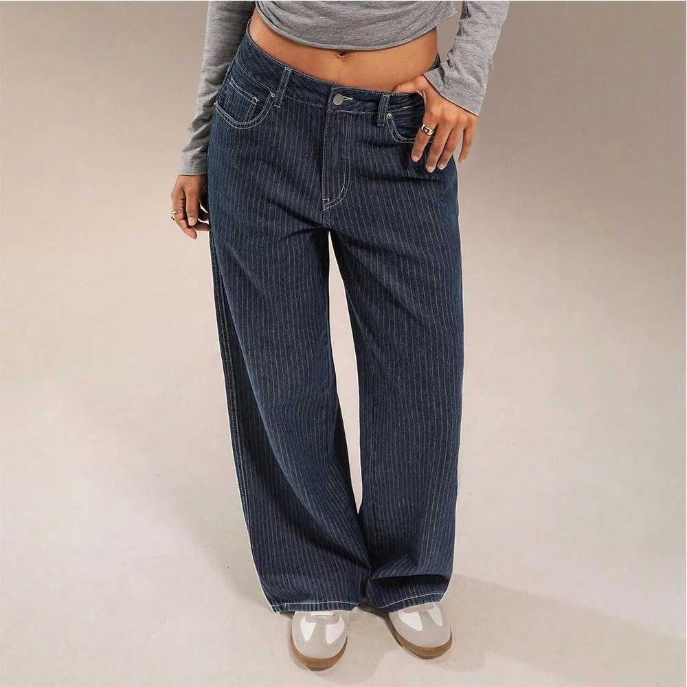 Women Mid Waist Jeans Spring Autumn Daily Matching Comfy Loose Wide Leg Trousers Fashion Stripe Straight Leg Denim Fabric PantsT260317