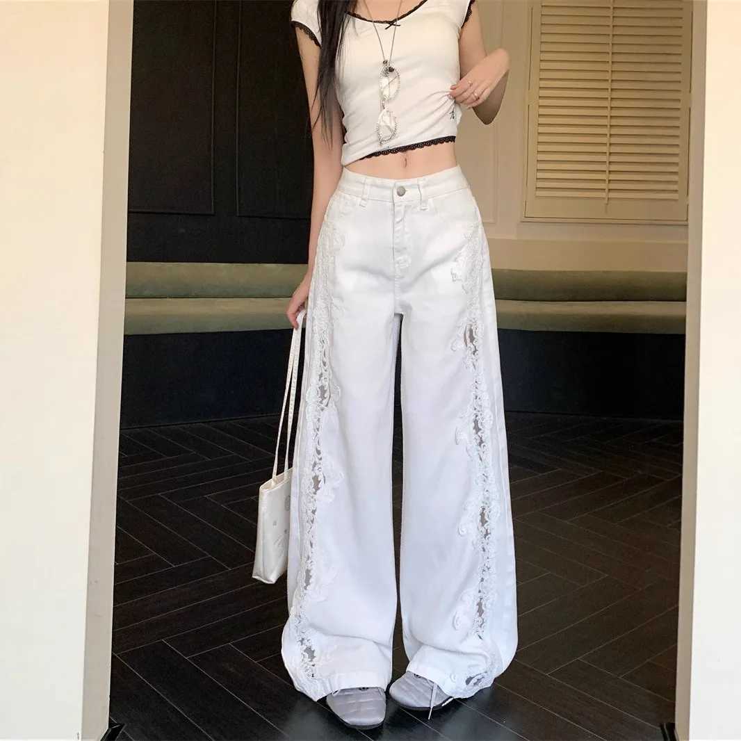 High Waist Wide Leg Jeans Womens Faion Lace Patchwork Straight Cut Denim Pants Retro Sle Four Seasons Pure ColorT260317