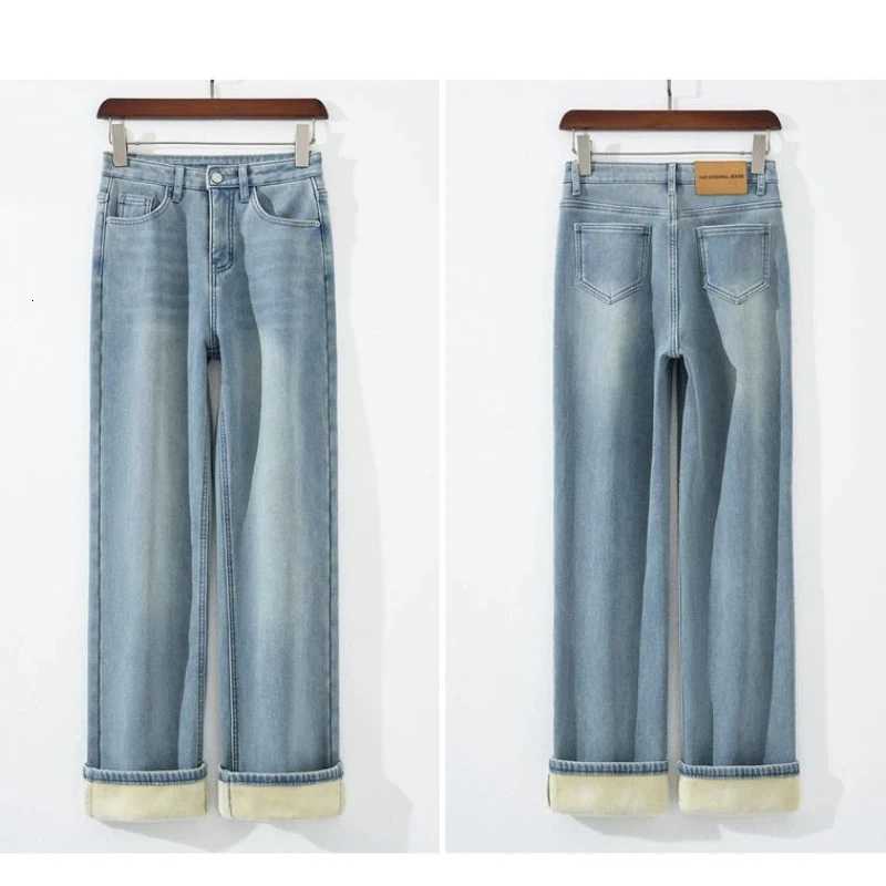 Jeans for Woman Y2k Pants Light Color Fleece Lined Thick Straight Leg High Waist Elastic Cigarette Pants 2025 Autumn WinterT260317