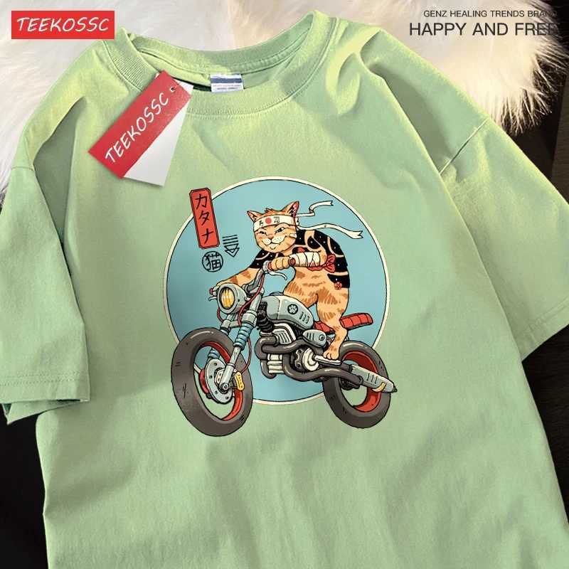 Japanese Harajuku Motorcycle Cat Tops Man Casual Oversize T Shirt Cotton Summer Casual Cartoon Crewneck Loose T Shirts Couple M260317