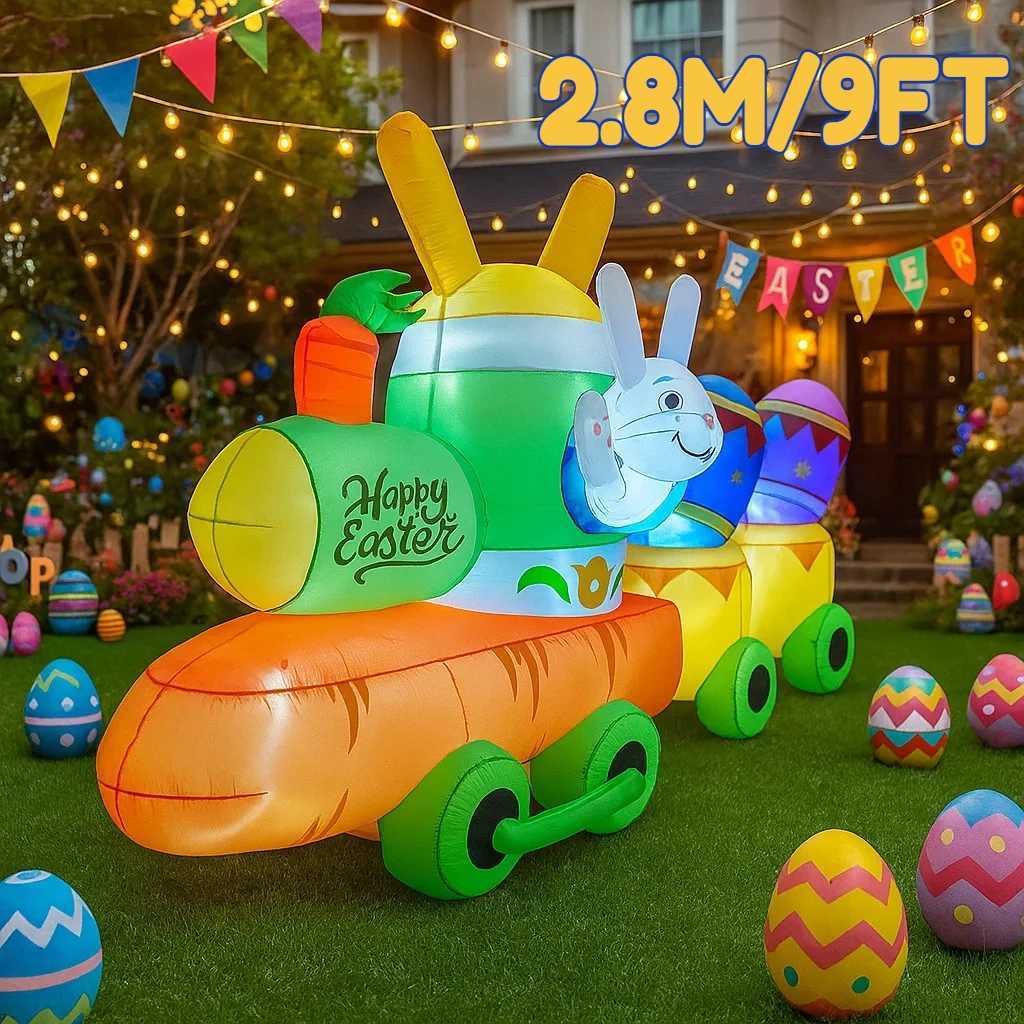Easter Holiday DIY Inflatable Model Decor 28M/9FT Bunny Easter Egg Train Garden Yard Outdoor Ornament with LED Lights H260316