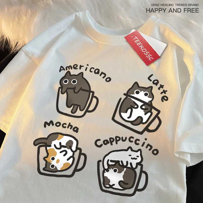 American Style Coffee Cat Print T-Shirts Man Casual Cotton T-Shirt Summer Breathable Tee Clothing Casual Loose Male T-Shirts M260317