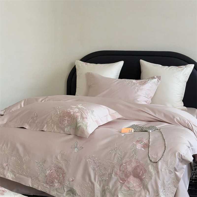 Premium 600TC Egyptian Cotton Luxury Flowers Butterfly Embroidery Pink Bedding Set Duvet Cover Flat/Fitted Sheet Pillowcase 4Pcs D260317