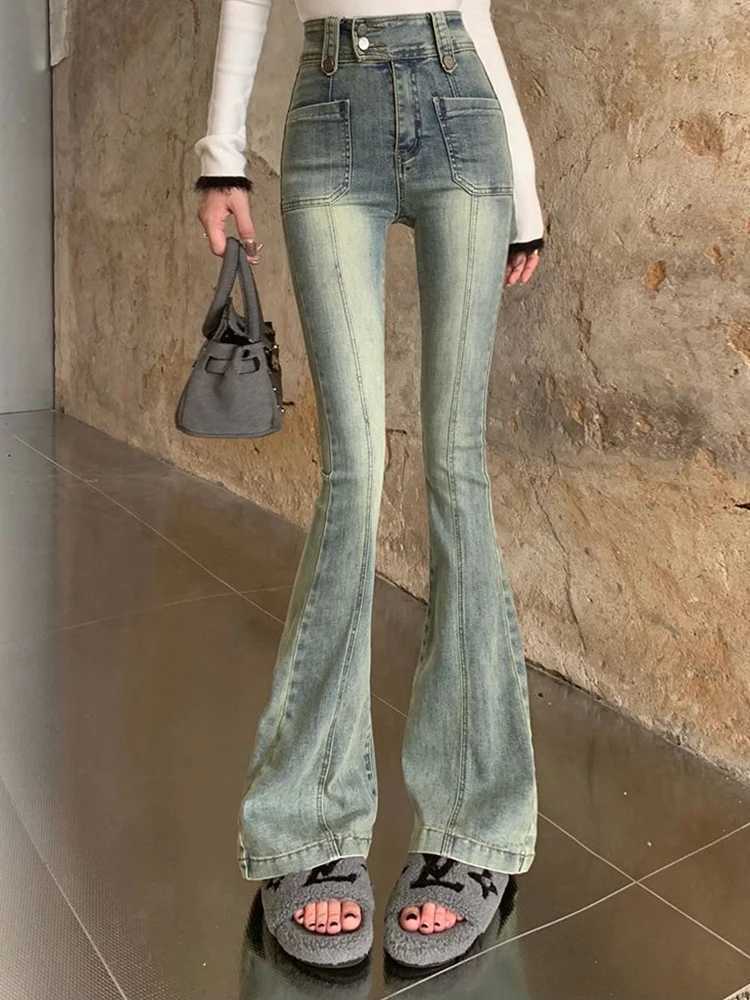 Female High Waist Elastic Micro Flared Woman Hong Kong Style Denim Bell Bottom Pants Woman Retro Blue Oversized Boot Cut Jeans M260317
