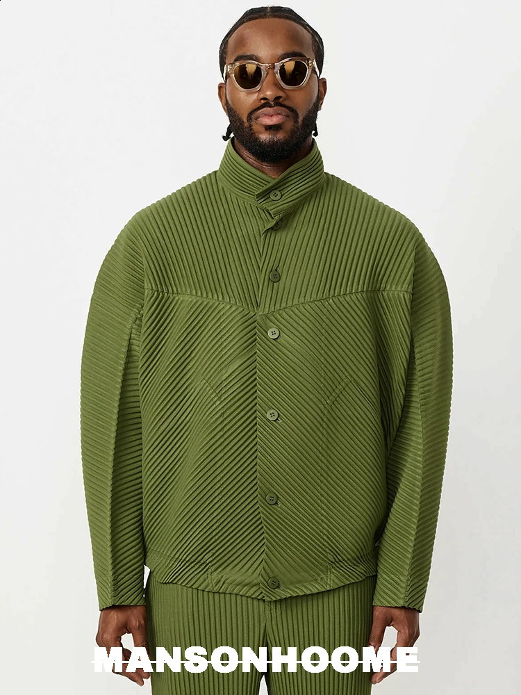 Miyake Pleated Standing Neck Splice Jacket Mens Loose Relaxed Long Sleeve Shirt Coat JC110 260312