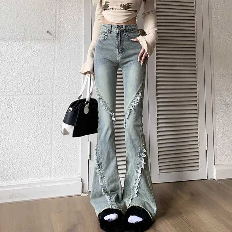 s Chic Raw Edges Straight Leg Flared Jeans Lady High Waist Solid Denim Pants Hot Sale Women Fashion Casual Trousers M260317