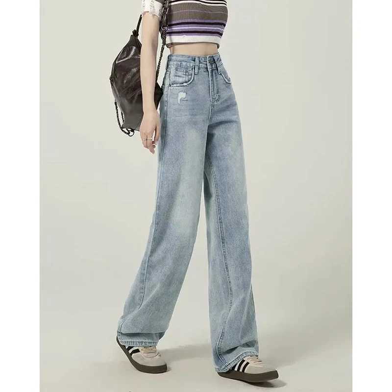 Lady Chic Ripped Baggy Jeans Women Light Blue Narrow Wide Leg Denim Pants s Casual Fashion High Waist Trousers M260317